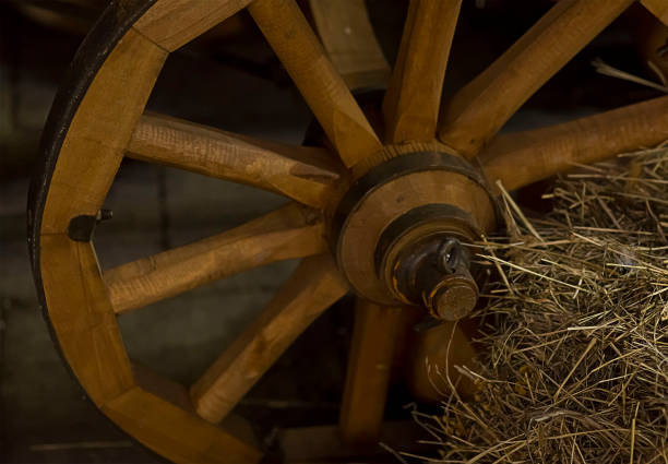 wooden brown wheel with wide knitting needles close-up rustic background