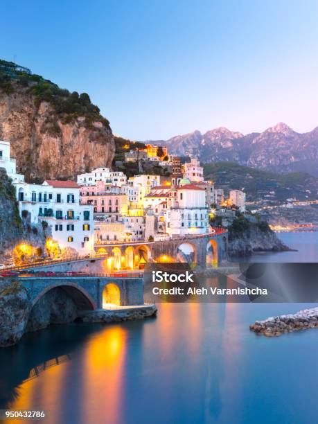 Night View Of Amalfi On Coast Line Of Mediterranean Sea Italy Stock Photo - Download Image Now