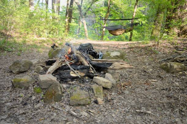 istock Campfire in campsite with backpack and camping hammock 950436370