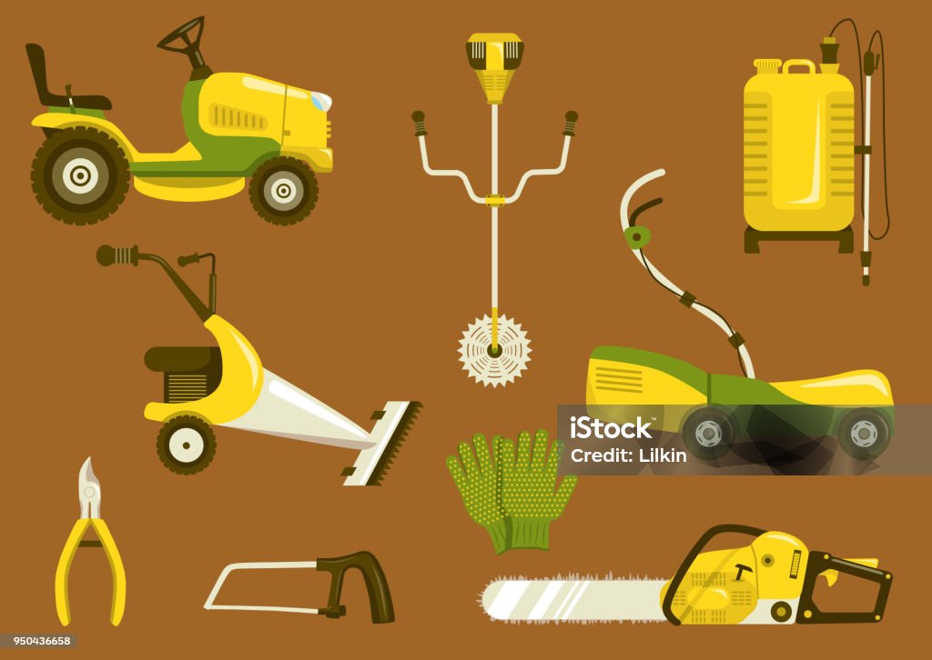 Lawn mower and other garden machinery vector icons Set of garden equipment for grass mowing. Color vector icons illustration. Lawn mower and other agricultural and farm machinery Weed Trimmer stock vector