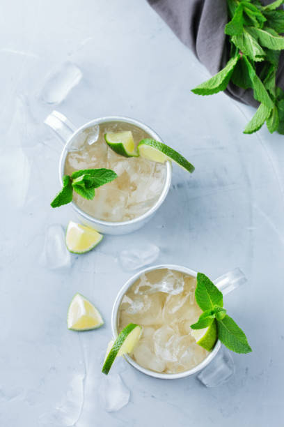 Moscow mule cocktail with vodka, ginger beer, lime and mint
