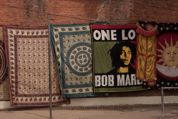 Kathmandu, Nepal - March 25, 2012\n\nThis photo had taken in near the Thamel Square. Thamel Square is very famous in Kathmandu. You can find any gifts for the Nepal. There are carpet gifts in the wall. And you can buy this carpets. One carpet had designed for Bob Marley - musician