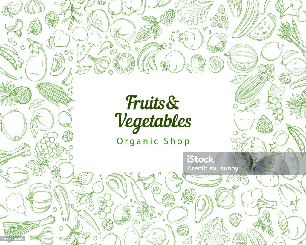 Cadre bordure fond motif vert tropicales fruits frais et légumes - clipart vectoriel de Légume libre de droits