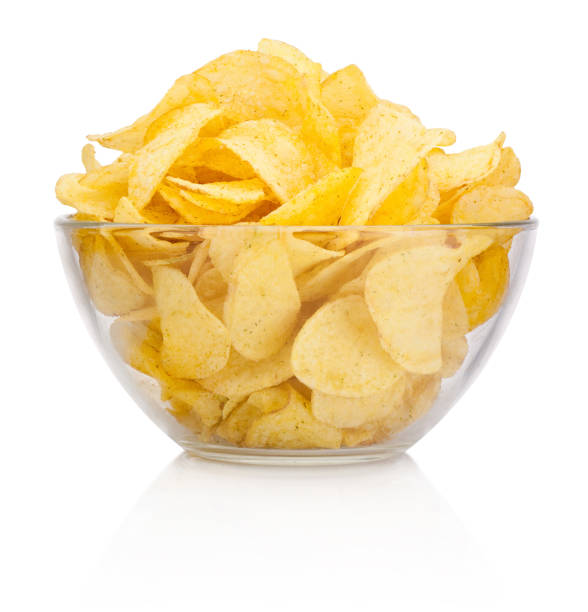istock Potato chips in glass bowl isolated on white background 950446276