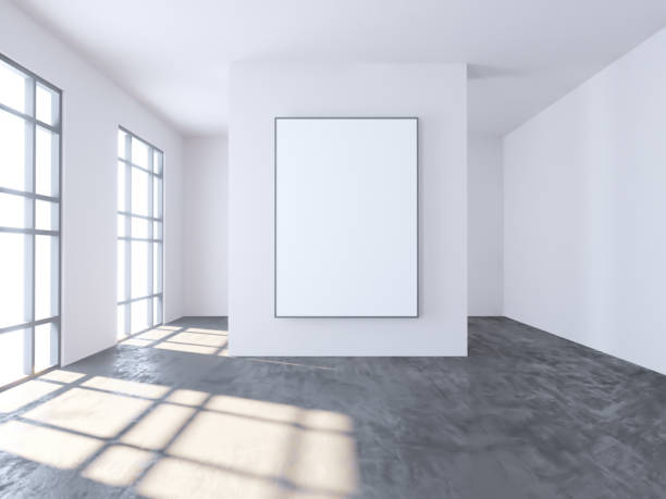 istock Bright concrete room with empty poster. Gallery, exhibition, advertising concept. Mock up, 3D illustration 950446418