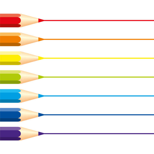 illustrations, cliparts, dessins animés et icônes de ensemble d’isolé les crayons de couleur : rouge, orange, bleu, bleu clair, violet, vert, jaune, avec des lignes droites horizontales pour note, sur fond blanc. couleurs de l’arc-en-ciel. - colour pencil