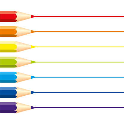 Set of isolated colored pencils: red, orange, blue, light blue, violet, green, yellow, with horizontal straight lines for note, on white background. Rainbow colors