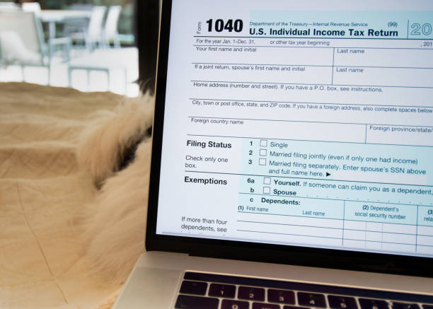 istock Filing on Laptop, IRS Form 1040, Individual Income Tax Return 1 950450246