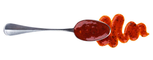 istock Salsa sauce with spoon isolated on white background. Top view 950451590