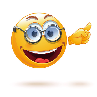 Smart smiley with glasses. Emoticon face points with his finger. Emoji professor. Indicative gesture. Cute smiling emoticon wearing eyeglasses. Vector illustration