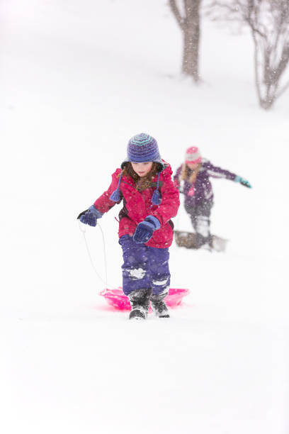 istock Girl Pulling Pink Sled Up Sledding Hill in Winter 950455460