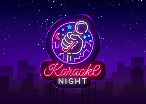 illustrazioni stock, clip art, cartoni animati e icone di tendenza di karaoke vettore notturno. segno al neon, luminoso, simbolo, striscione luminoso. pubblicità luminoso karaoke bar notturno, festa, disco bar, night club. musica dal vivo. modello di progettazione. cartellone - karaoke