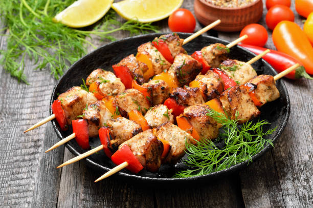 istock Chicken kebab on bamboo skewers in frying pan 950459814