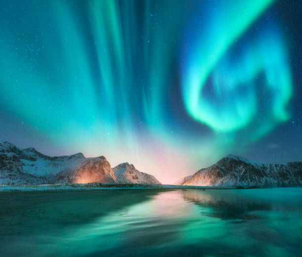 Aurora borealis in Lofoten islands, Norway. Aurora. Green northern lights. Starry sky with polar lights. Night winter landscape with aurora, sea with sky reflection, stones, beach and snowy mountains Aurora borealis in Lofoten islands, Norway. Aurora. Green northern lights. Starry sky with polar lights. Night winter landscape with aurora, sea with sky reflection, stones, beach and snowy mountains norway aurora borealis aurora polaris fjord stock pictures, royalty-free photos & images
