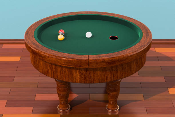 istock Elliptical billiards table with balls in room on the wooden floor, 3D rendering 950463902