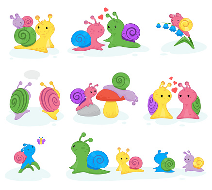 Snail vector snail-shaped character with shell and cartoon snailfish or snail-like mollusk kids illustration set of lovely couple of snail-paced slugs isolated on white background.