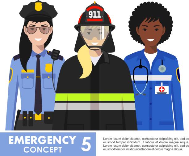 Emergency concept. Detailed illustration of female firefighter, doctor and policeman in flat style on white background. Vector illustration. Detailed illustration of female fireman, emergency doctor, police officer in flat style on white background. paramedic stock illustrations