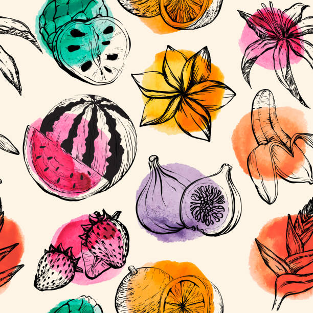 열 대 flowersand 과일 원활한 패턴 - fruit drawing watermelon pencil drawing stock illustrations