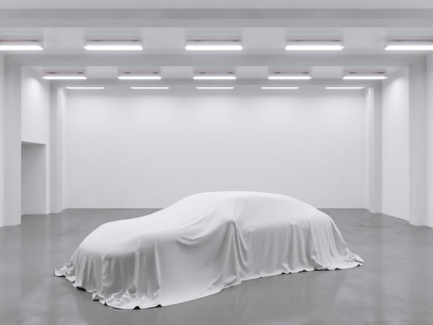 istock hangar with photo studio and covered with cloth car. 3d rendering, illustration showing,  silk,  smooth,  studio 950473028