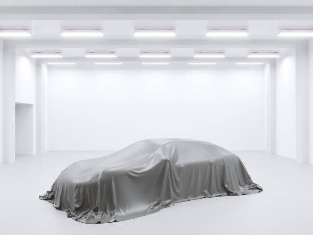 istock hangar with photo studio and covered with cloth car. 3d rendering, illustration showing,  silk,  smooth,  studio 950473106