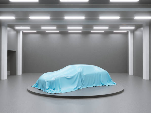 istock hangar with photo studio and covered with cloth car. 3d rendering, illustration showing,  silk,  smooth,  studio 950473144