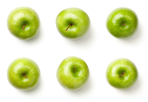 Green apples isolated on white background. Granny smith apples. Top view