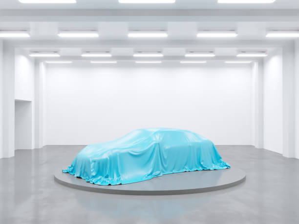 istock hangar with photo studio and covered with cloth car. 3d rendering, illustration showing,  silk,  smooth,  studio 950473170