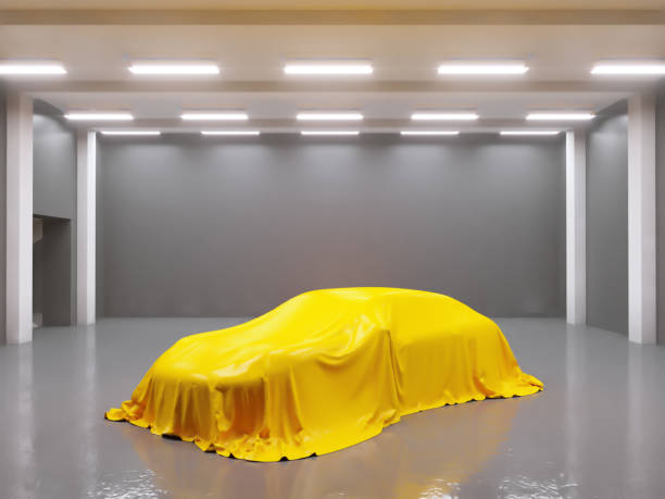 istock hangar with photo studio and covered with cloth car. 3d rendering, illustration showing,  silk,  smooth,  studio 950473204