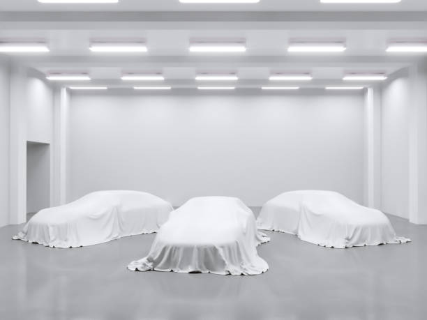 istock hangar with photo studio and covered with cloth car. 3d rendering, illustration showing,  silk,  smooth,  studio 950473222