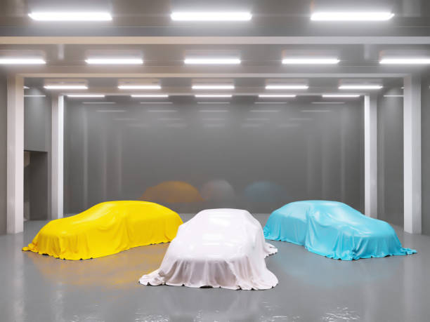 istock hangar with photo studio and covered with cloth car. 3d rendering, illustration showing,  silk,  smooth,  studio 950473250