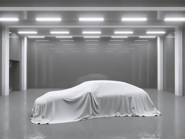 istock hangar with photo studio and covered with cloth car. 3d rendering, illustration showing,  silk,  smooth,  studio 950473288