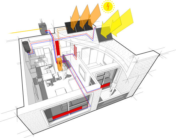 illustrations, cliparts, dessins animés et icônes de schéma de l’appartement avec chauffage radiateur et chauffe-eau gaz, panneaux solaires et photovoltaïques - gas boiler illustrations