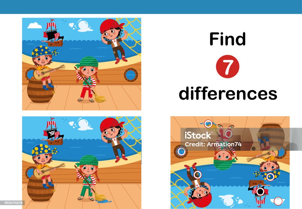 Find 7 differences education game for children. Find 7 differences education game for children, featuring little pirates.(Vector illustration) Contrasts stock vector