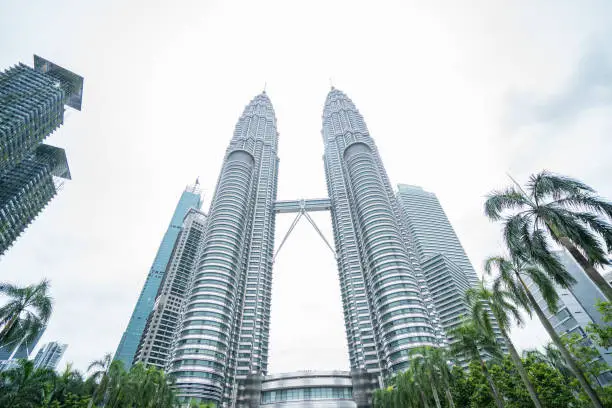 Low angle view on Kuala Lumpur skyline, wide angle. Overcast sky