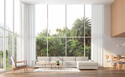 Modern contemporary high ceiling living room 3d render