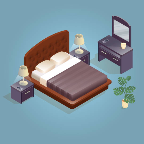 Isometric cartoon double king size beds isolated on blue. Isometric cartoon double king size bed with mattress and a high back, nightstand, mirror, flowerpot and lamp isometric icon. Furniture icon set isolated on blue. Vector flat style 3d illustration. head board bed blue stock illustrations
