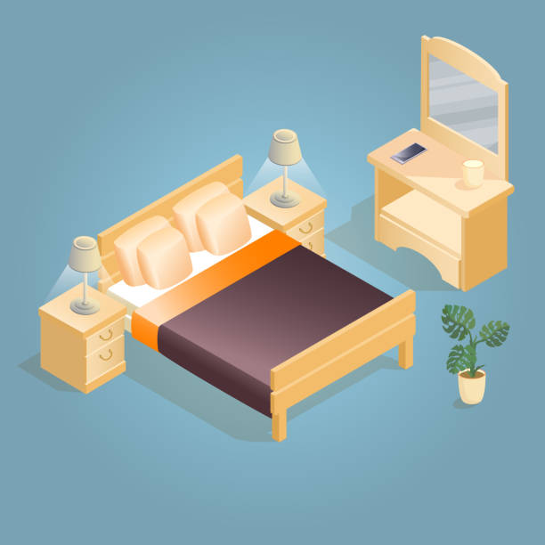 Isometric cartoon double king size beds isolated on blue. Isometric cartoon double king size bed with mattress and a high back, nightstand, mirror, flowerpot and lamp isometric icon. Furniture icon set isolated on blue. Vector flat style 3d illustration. head board bed blue stock illustrations