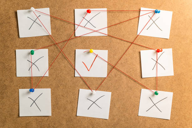 istock nine white stickers for notes with x and v marks rewound on a cardboard background 950482320