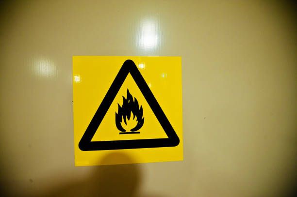 istock Dangerous Material. Risk OF Fire And Flame Warning Sign On A Wall 950484458