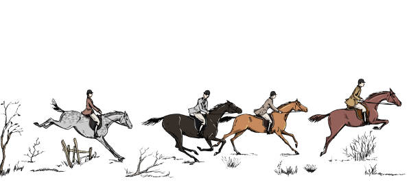 illustrazioni stock, clip art, cartoni animati e icone di tendenza di caccia alla volpe sportiva equestre con cavalieri in stile inglese sul paesaggio. inghilterra cornice di tradizione steeplechase o confine. - steeplechasing