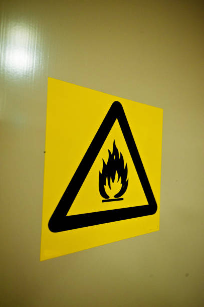 istock Dangerous Material. Risk OF Fire And Flame Warning Sign On A Wall 950484592