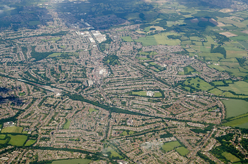 Aerial view of the suburb of Orpington in the London Borough of Bromley.  Viewed from a plane on a sunny summer afternoon.