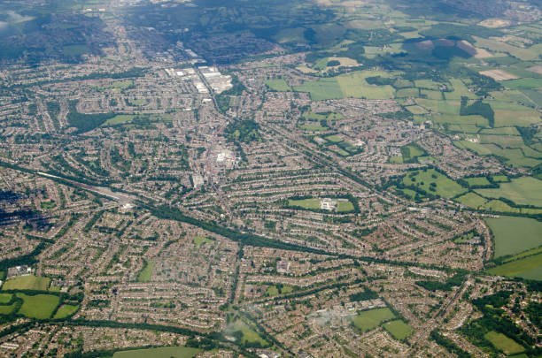 Orpington, Aerial View Aerial view of the suburb of Orpington in the London Borough of Bromley.  Viewed from a plane on a sunny summer afternoon. borough of bromley stock pictures, royalty-free photos & images