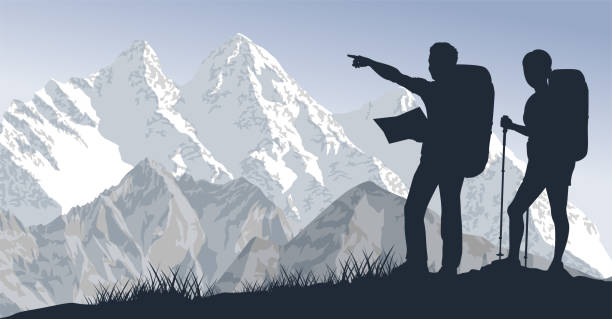 Vector Couple Of Travellers In Mountains Stock Illustration - Download  Image Now - Hiking, Mt. Everest, Mountain - iStock