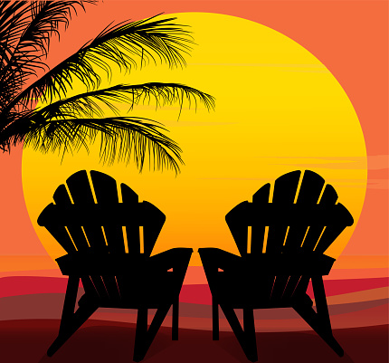 Silhouette of chairs and palms in front of a large yellow, orange, gold sun with colorful background.