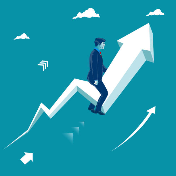 istock Businessman sitting on rising arrow. Business grow concept. Metaphor, vector illustration 950500112