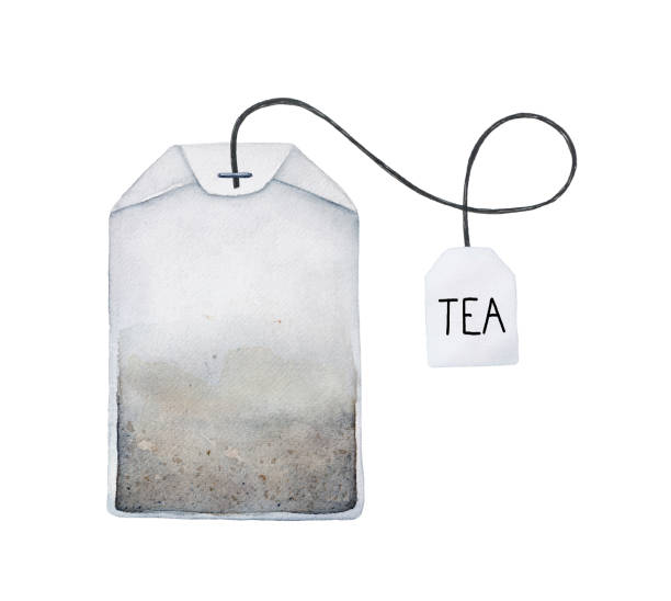 Tea bag watercolor illustration. Filter paper, string, square label and word "TEA" on it. One single object, top view. Hand drawn water color graphic painting on white background, cutout clip art. teabag stock illustrations