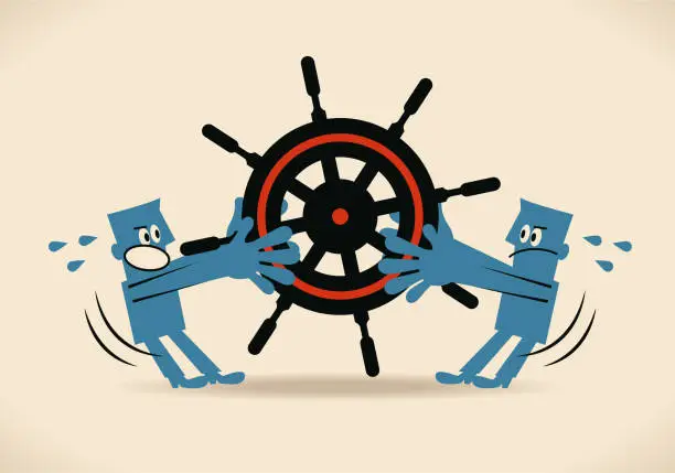 Vector illustration of Two businessmen fighting for the managing position (holding rudder conflicting with each other)