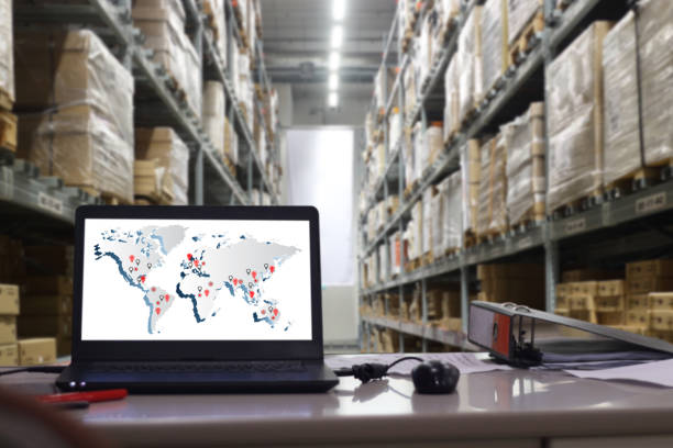 istock interior of warehouse. Rows of shelves with boxes 950510406