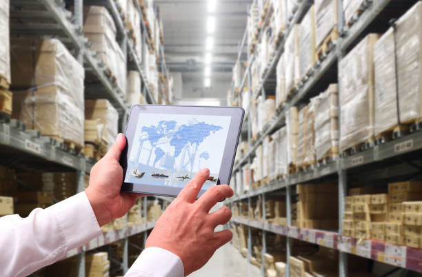 istock interior of warehouse. Rows of shelves with boxes 950510408